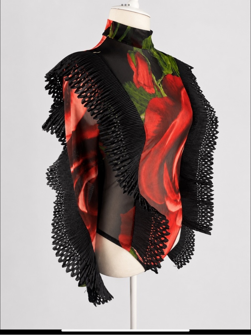 Wearable Art Romantic Goth Rose Print Mesh Bodysuit Avant Garde Statement Top - Picture 5 of 16